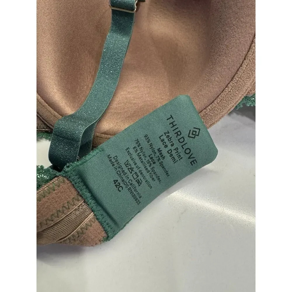 THRIDLOVE zebra print lace Demi green tan bra 42C Glitter - Picture 5 of 6